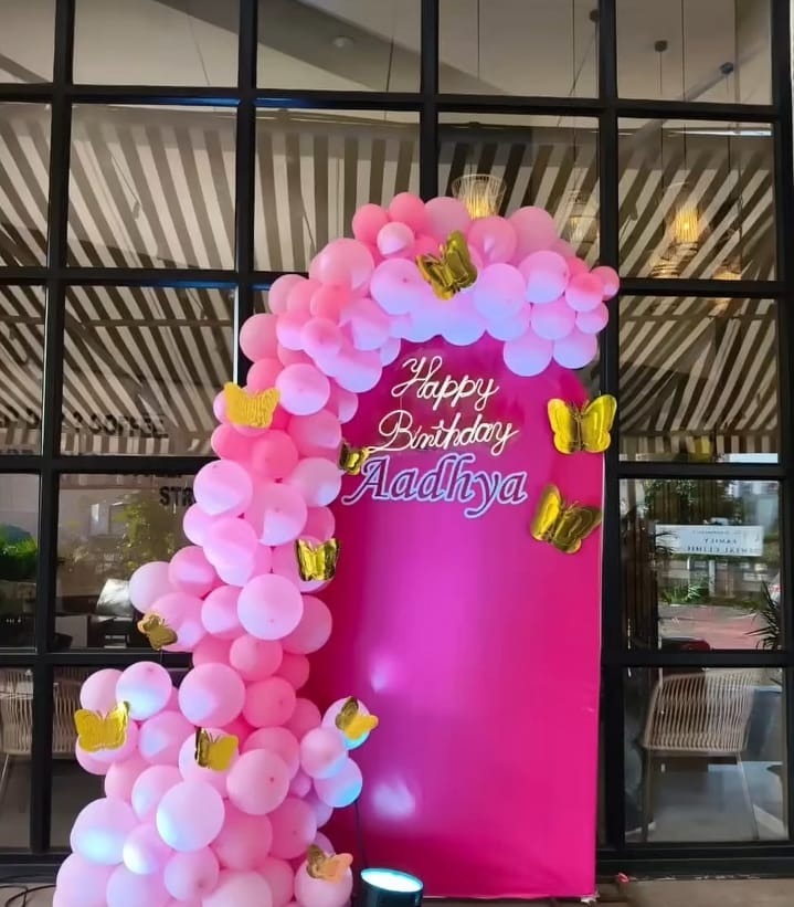Aadhya Pink Balloon & Golden Butterfly Birthday Setup